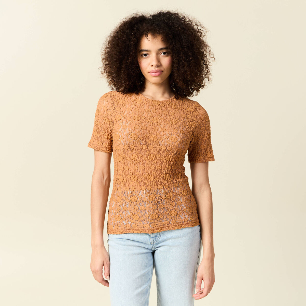 T-shirt cintré col rond dentelle terracotta femme