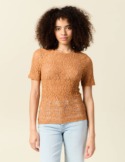 T-shirt cintré col rond dentelle terracotta femme