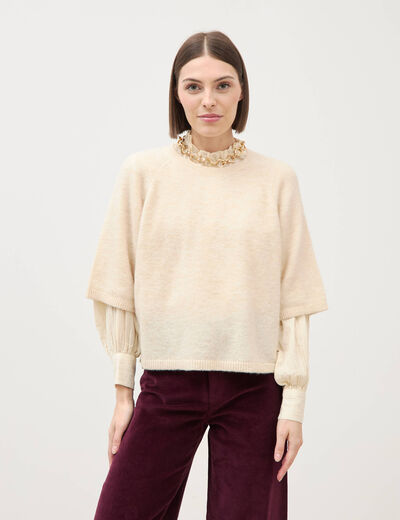 Pull droit court col v manches courtes ivoire femme
