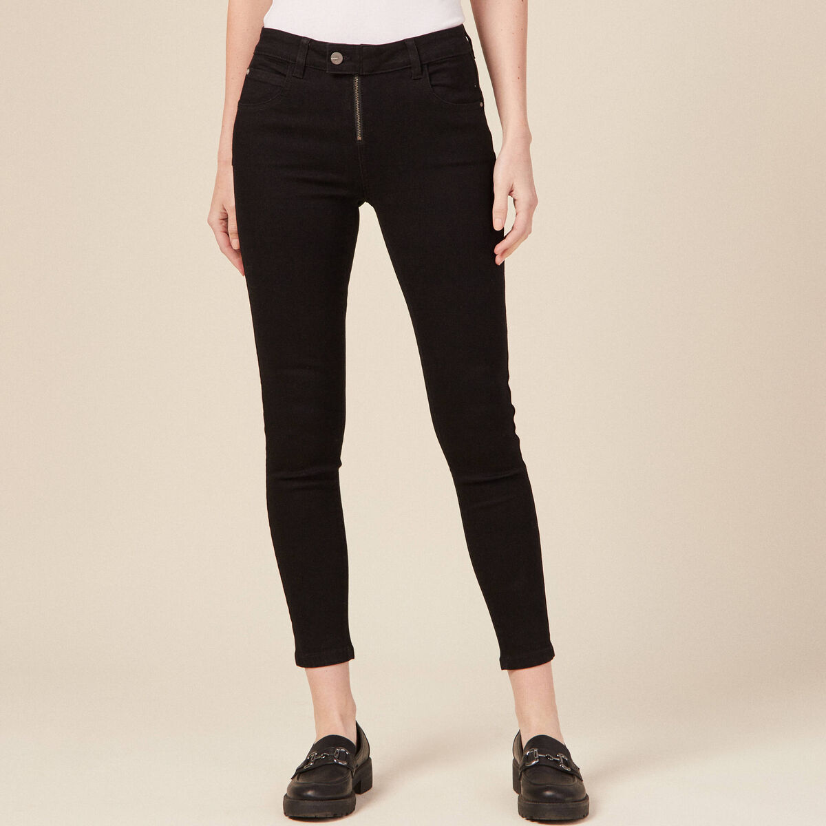 Jeans skinny zipp&eacute; denim noir femme