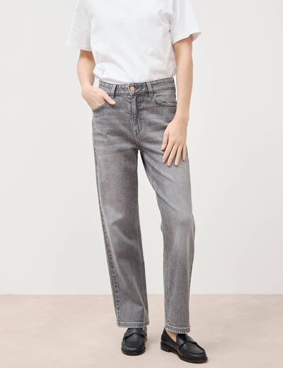 Jeans straight 7/8&egrave;me taille haute denim gris femme