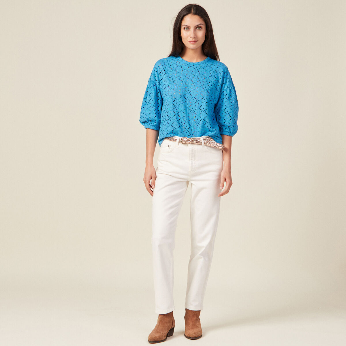 T-shirt manches 3/4 ajouré bleu femme
