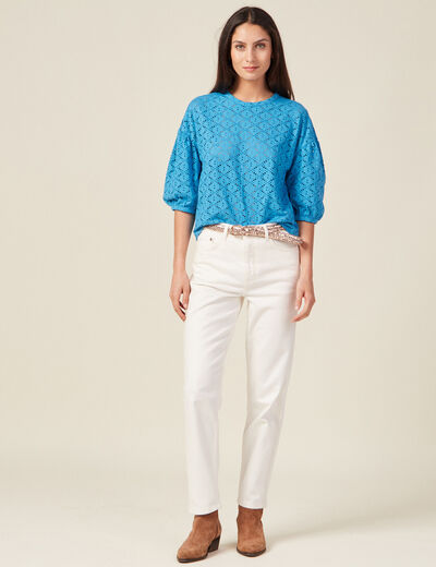 T-shirt manches 3/4 ajouré bleu femme