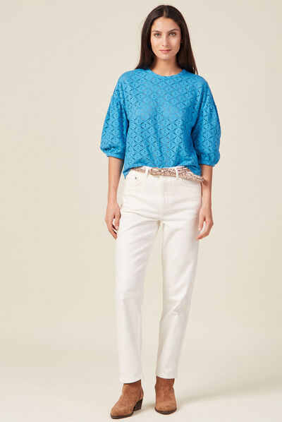T-shirt manches 3/4 ajouré bleu femme