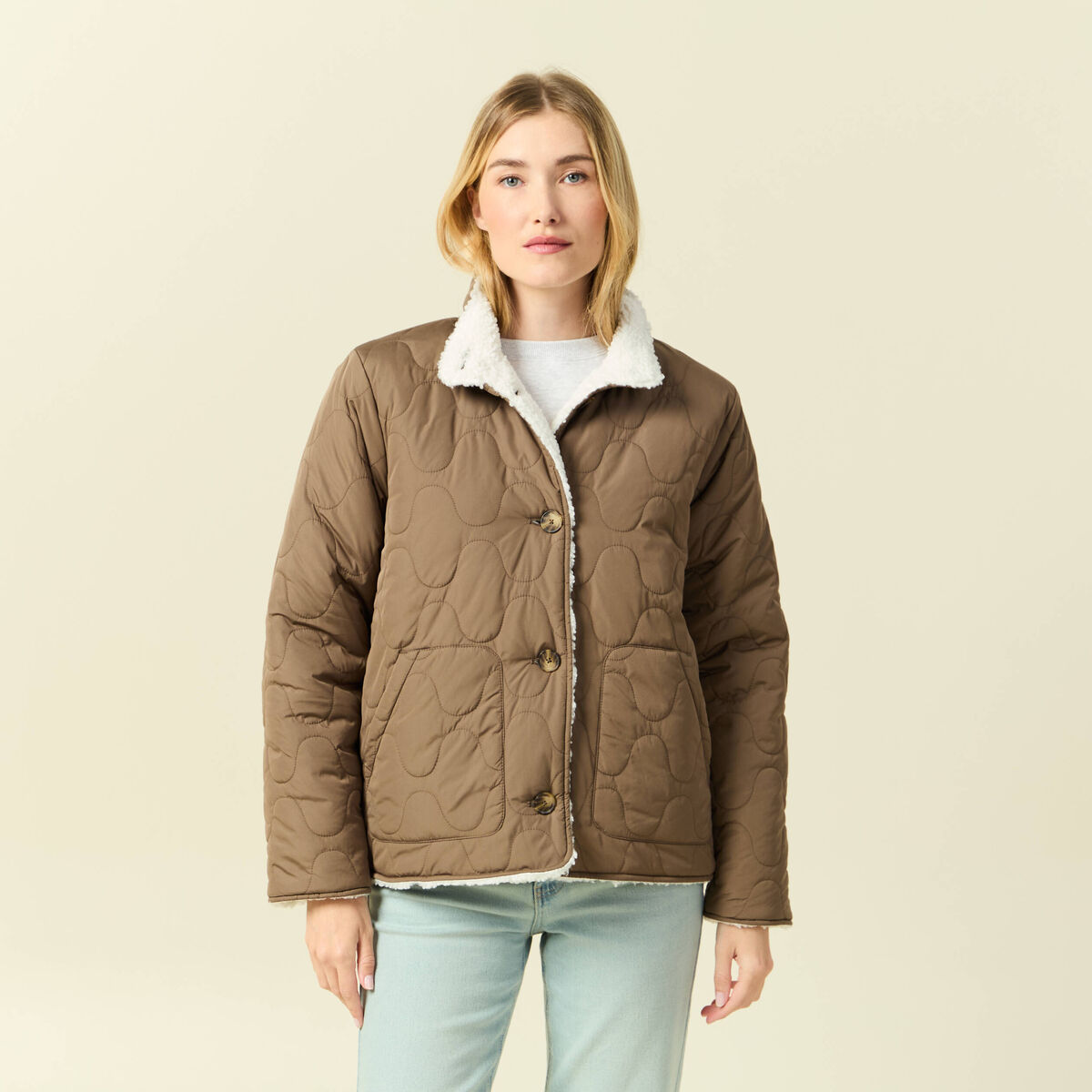 Parka courte droite effet polaire marron clair femme