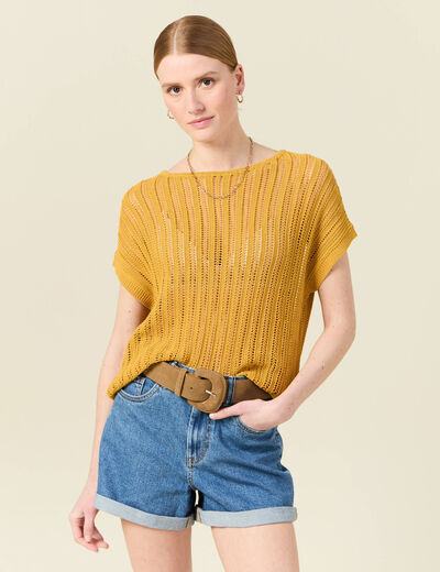 Pull oversize ajour&eacute; col bateau jaune femme