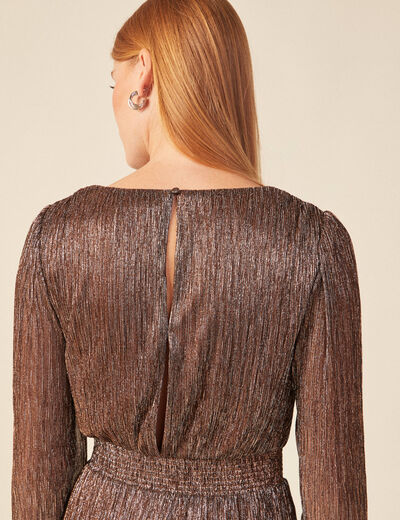 Robe longue évasée col en V marron cognac femme