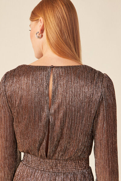 Robe longue évasée col en V marron cognac femme