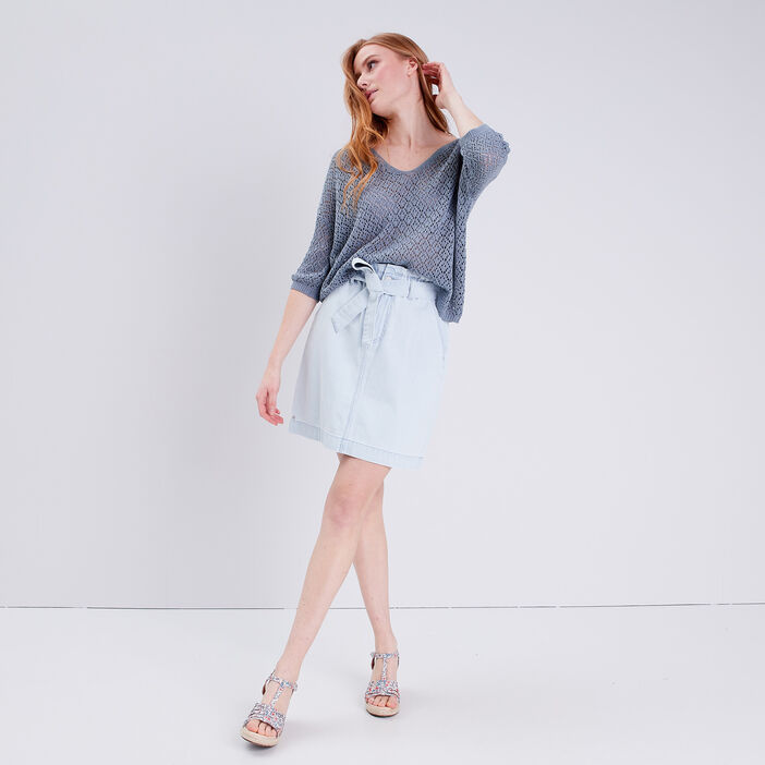 Jupe paperbag en jean denim bleach femme