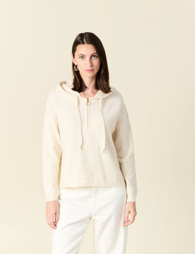 Pull &agrave; capuche zipp&eacute; creme femme