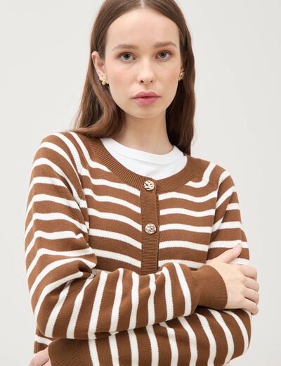 Gilet manches longues col rond en coton marron femme