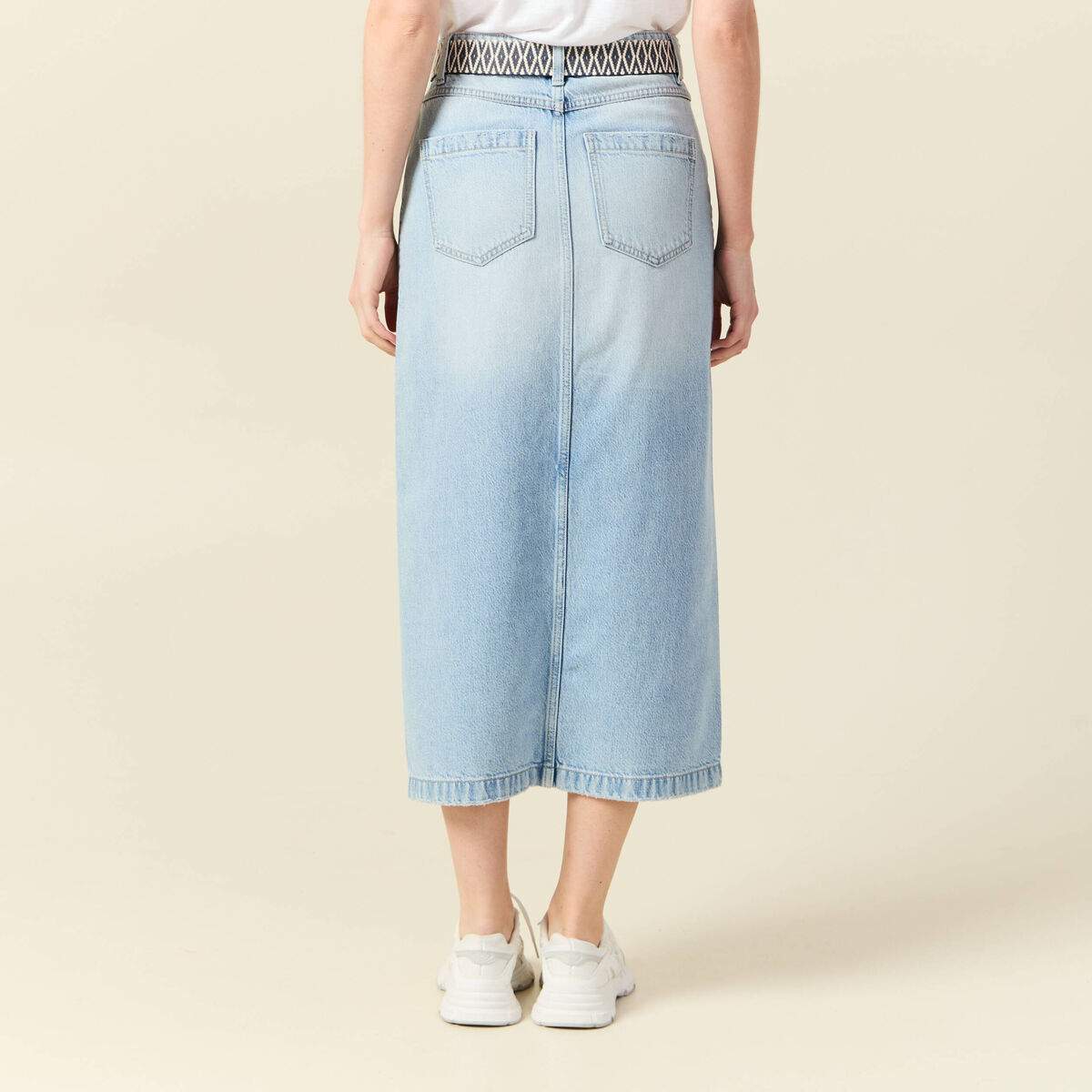Jupe longue droite en jean denim bleach femme