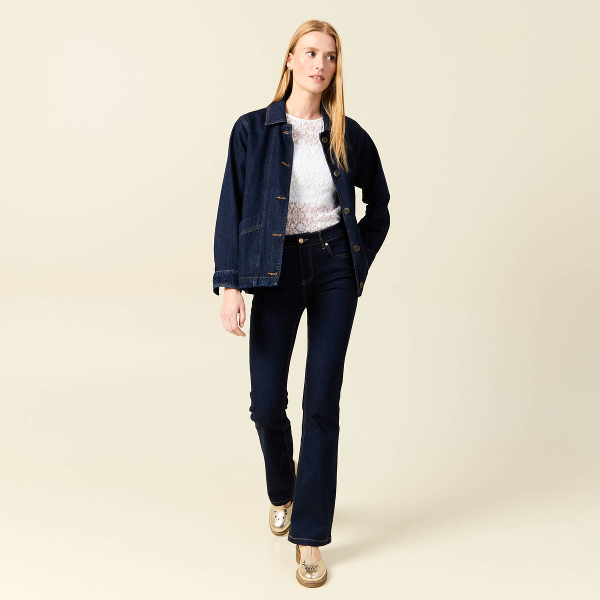 T-shirt cintré col rond dentelle blanc femme