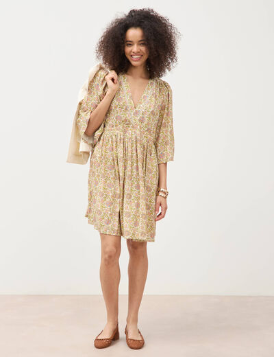 Robe fluide col v manches courtes vert femme