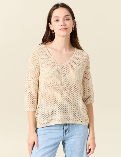 Pull col en V éco-responsable creme femme