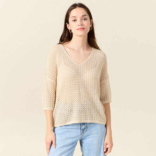 Pull col en V éco-responsable creme femme