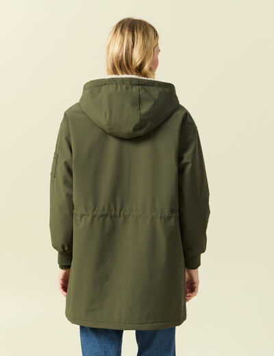 Parka oversize mi-longue &agrave; capuche vert kaki femme
