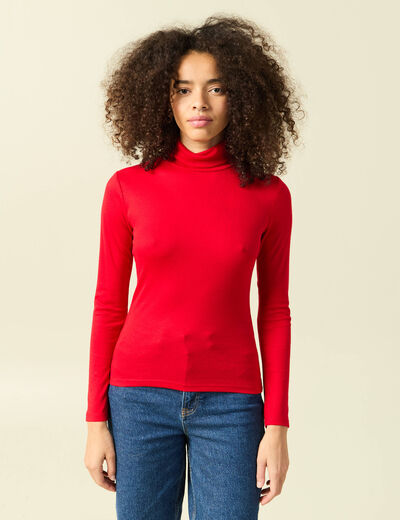 T-shirt cintr&eacute; manches longues col roul&eacute; rouge femme