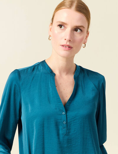 Blouse manches longues satin bleu gris femme