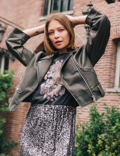 Blouson simili cuir marron femme