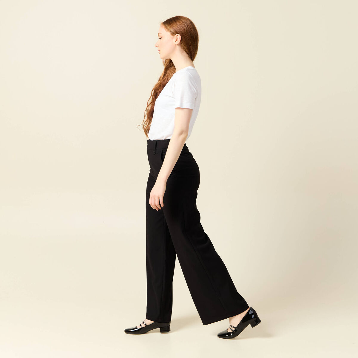 Pantalon large taille haute noir femme