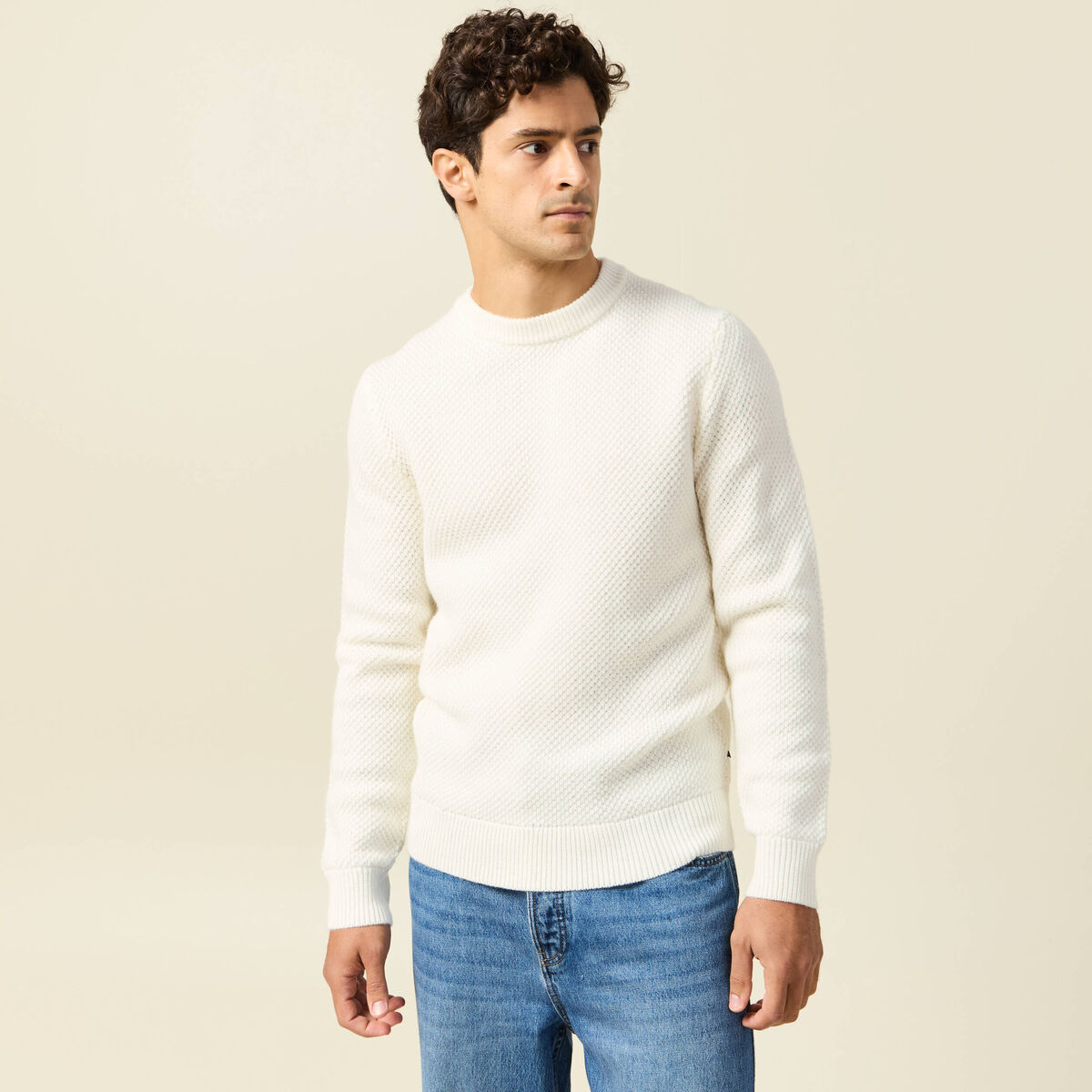 Pull col rond ecru homme