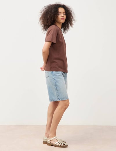 T-shirt droit en coton manches courtes marron cognac femme