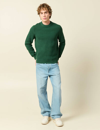 Pull fin manches longues col rond vert homme