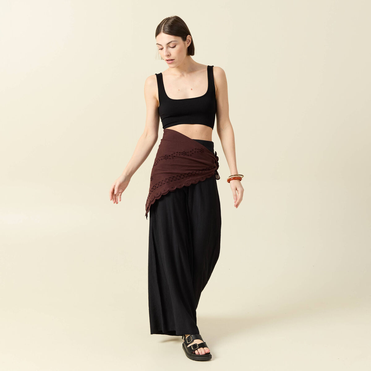 Pantalon large taille haute fluide noir femme