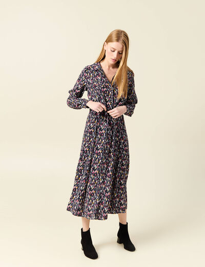 Robe chemise longue évasée bleu marine femme
