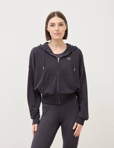 Sweat zipp&eacute; &agrave; capuche gris fonc&eacute; femme