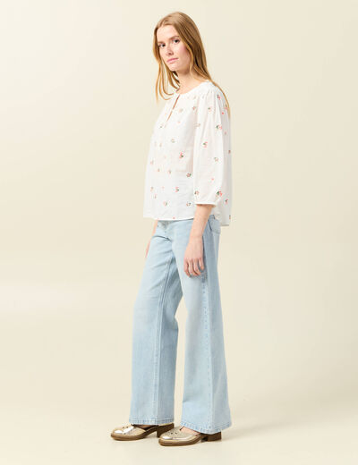 Blouse manches 3/4 brodée blanc femme