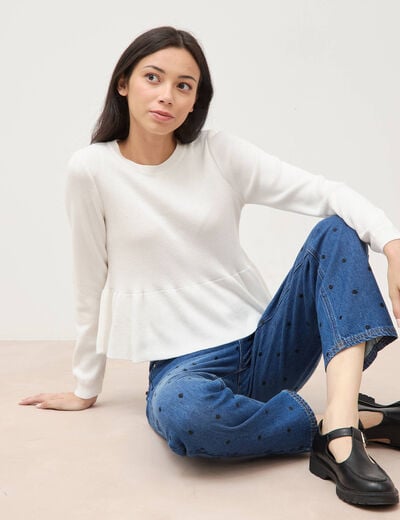 Pull col rond manches longues ecru femme