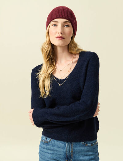 Pull col V manches longues bleu marine femme
