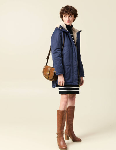 Parka droite à capuche bleu marine femme