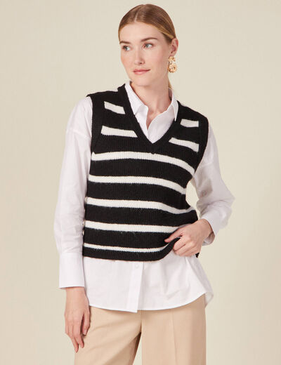 Pull droit court sans manches col v noir femme