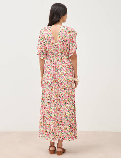 Robe fluide col v manches courtes multicolore femme
