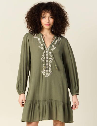 Robe évasée broderie vert kaki femme