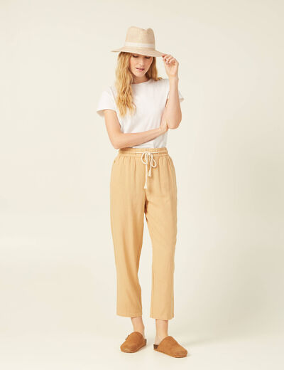Pantalon droit à coulisse beige femme