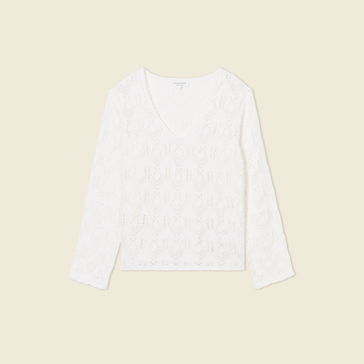 Pull ajour&eacute; col v manches longues ecru femme