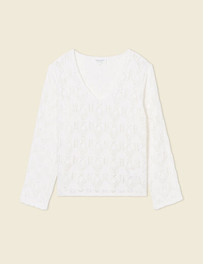 Pull ajour&eacute; col v manches longues ecru femme