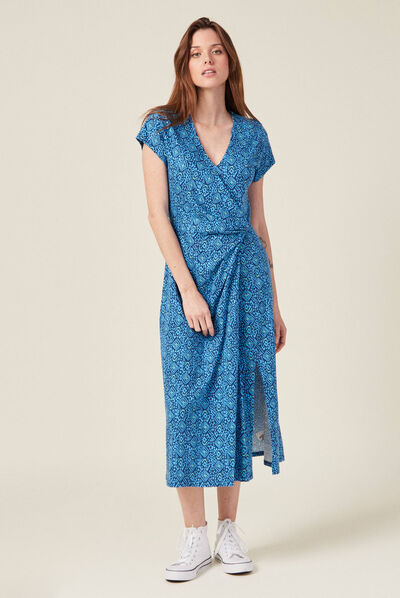 Robe midi droite drapée bleu femme