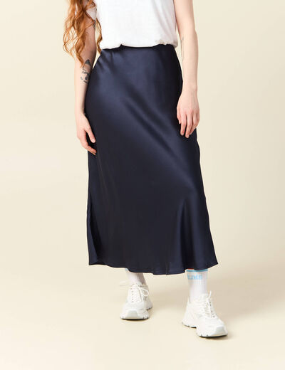 Jupe longue droite satin bleu marine femme