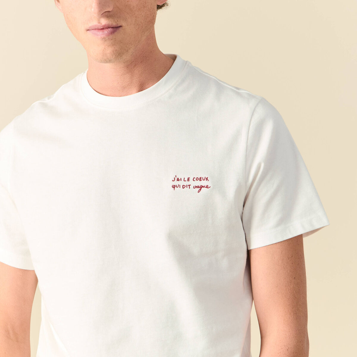 T-shirt col rond manches courtes brod&eacute; ecru homme