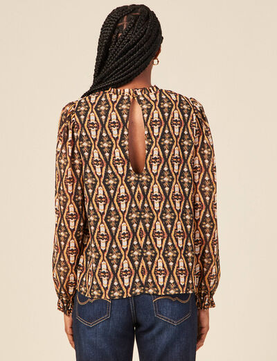 Blouse cintr&eacute;e manches longues col rond camel femme