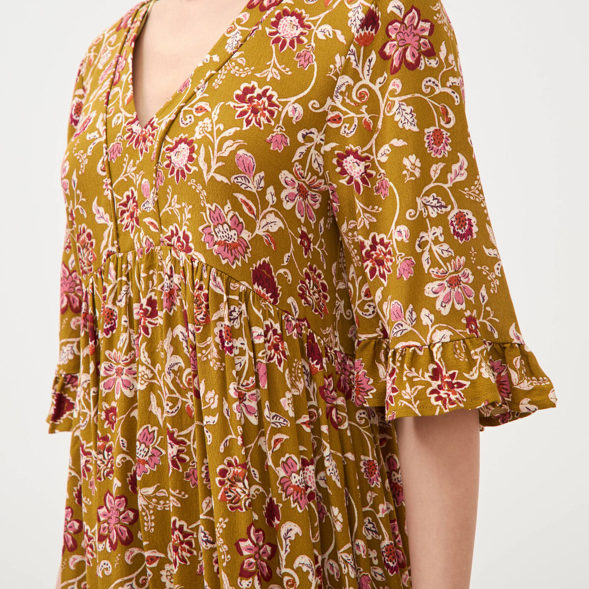 Robe col v manches au coude vert olive femme