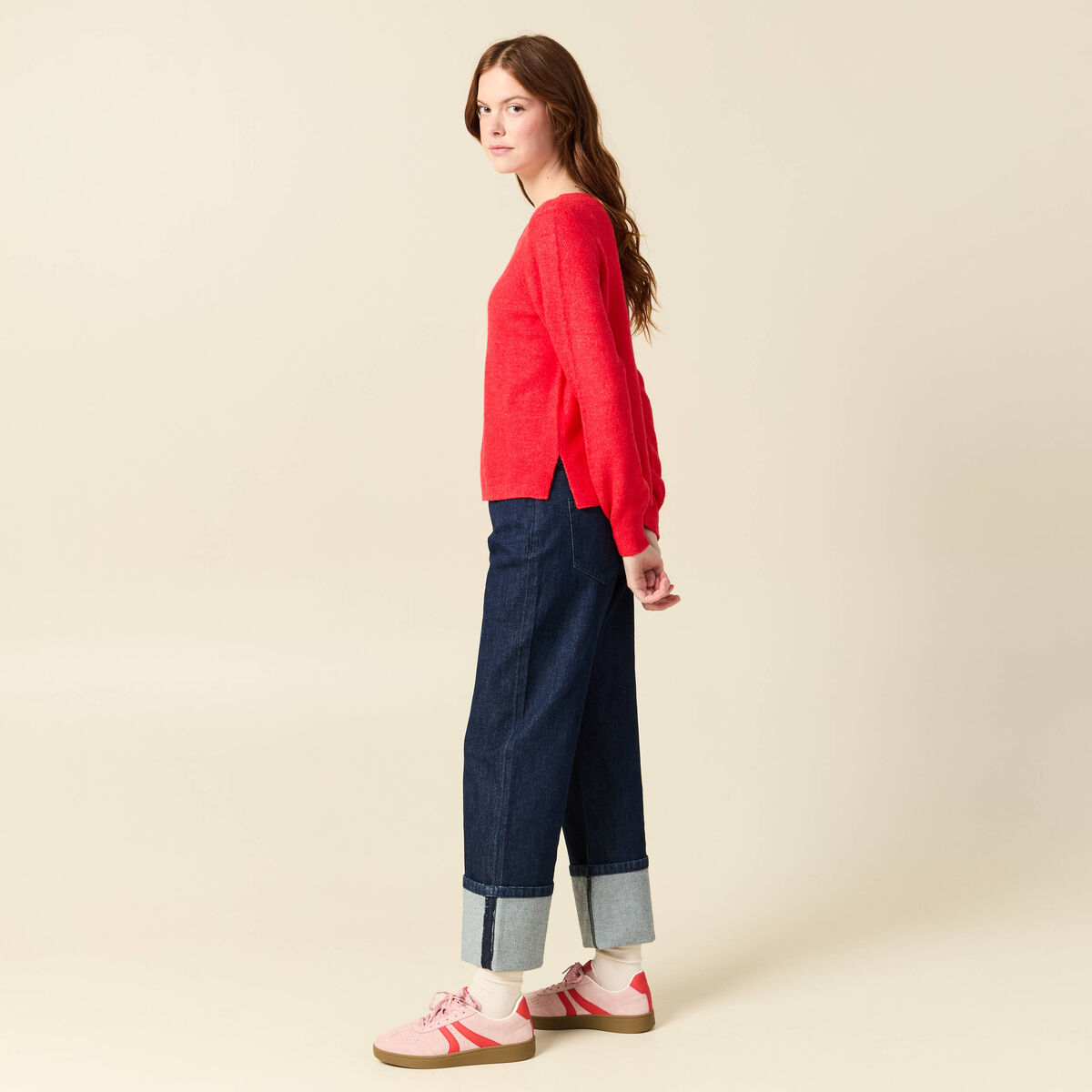 Pull col bateau manches longues rouge femme
