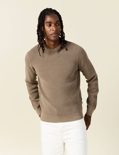 Pull manches longues col rond taupe homme