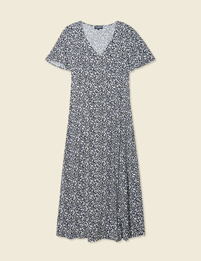 Robe longue droite col v manches courtes bleu femme