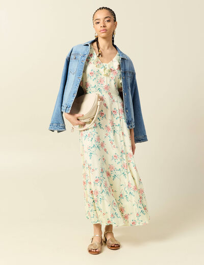 Robe longue &eacute;vas&eacute;e col v manches courtes jaune pastel femme